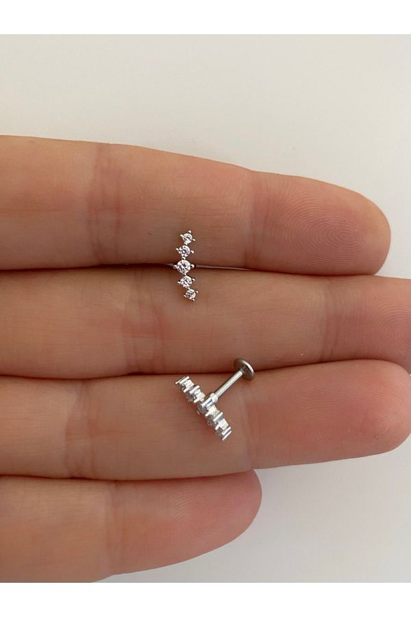 Cerrahi Çelik Zirkon Taşlı Arkası Düz Labret Tragus Helix Lobe Conch Uyumlu Piercing Küpe