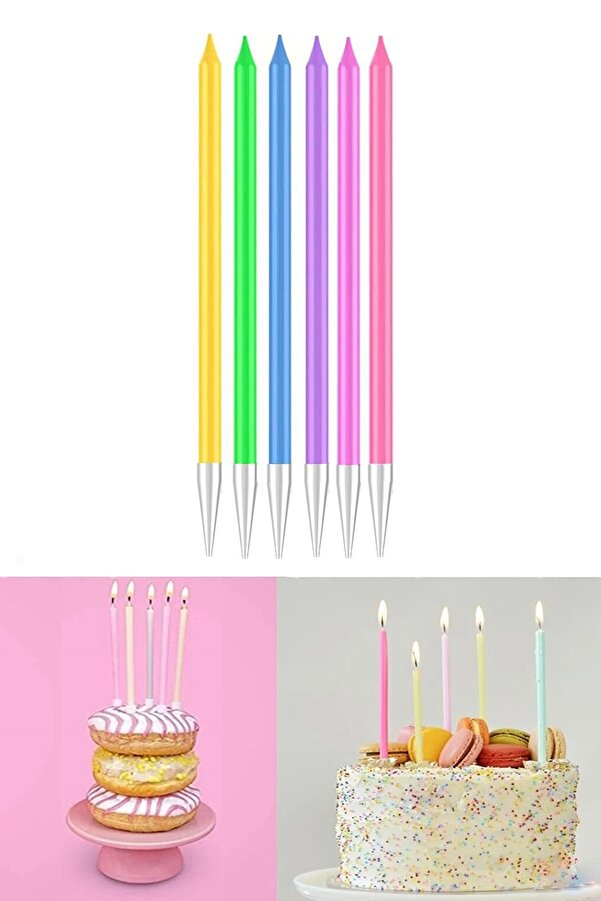 6lı Makaron Pasta Mumu Soft Ince Uzun Çubuk Pastel Karışık Renkli Doğum Günü Mat Mum ( 12 Cm ) Parti Dolabı