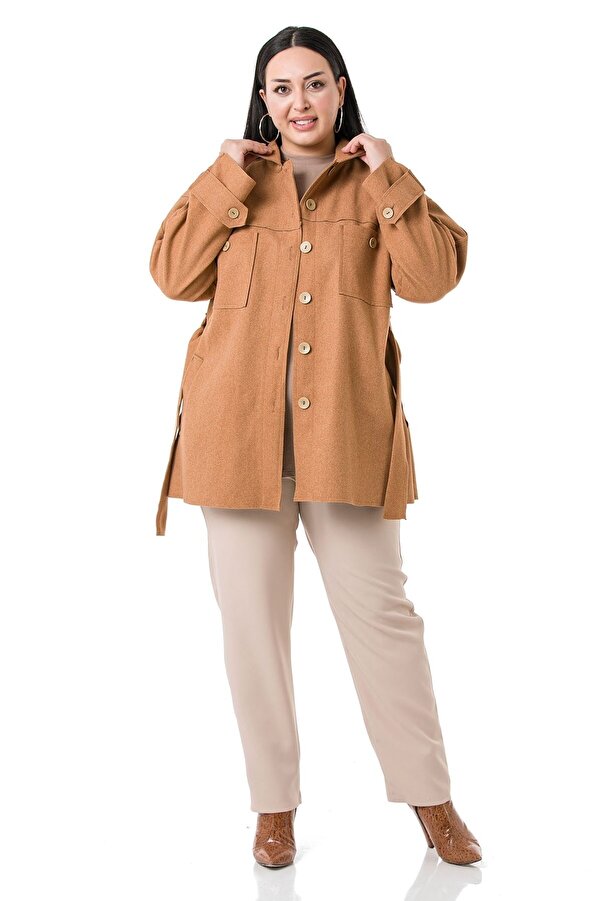 Yoke-detail Side-slit Welt-pocket with Pockets Belted Wool-touch Jacket — Camel