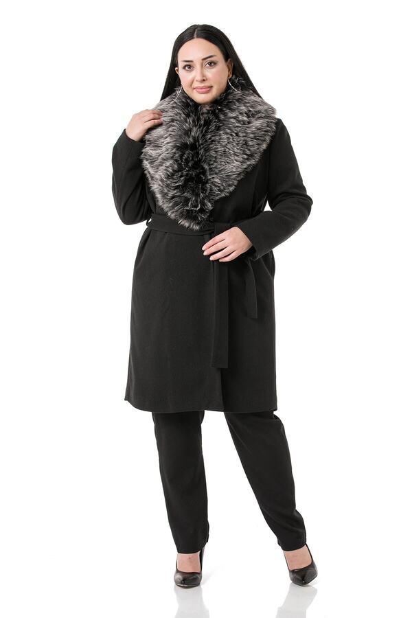 Collar Faux-fur Side with Pockets Belted Lined Wool-touch Coat — Black