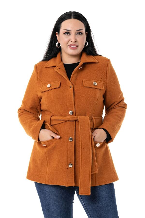 Shirt Collar Flap-detail with Pockets Belted Lined Wool-touch Coat &mdash; Cinnamon