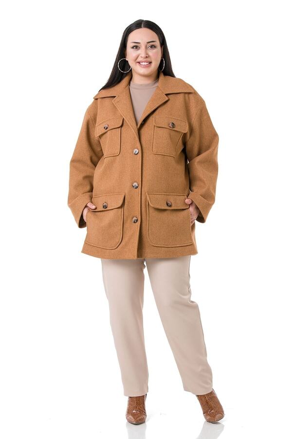 Shirt Collar Flap-detail with Pockets Lined Wool-touch Coat — Tan
