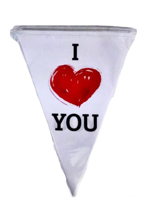 Beyaz Sevgililer Günü Love You Üçgen Bayrak Flama 6mt