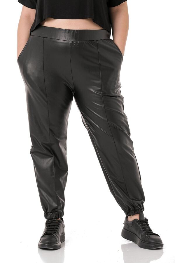 Waist & Cuffed-hem with Pockets Leather-look Trousers — Black