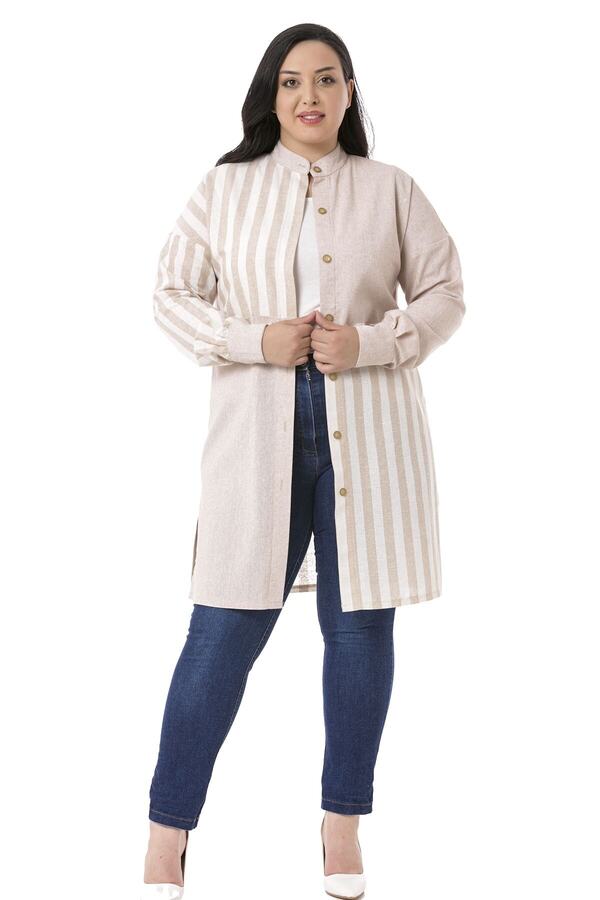 Side-slit Fabric Contrast-panel Tunic Shirt — Beige