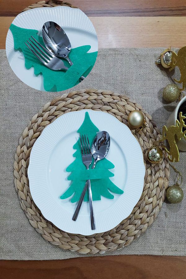 6 Adet Yeşil Keçe Dekoratif Çam Ağacı Kaşıklık Çatallık Set Yeni Yıl Masa Dekoratif Süsler 20cm_1