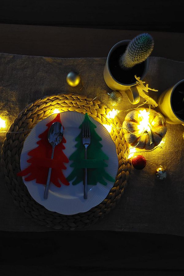 6 Adet Yeşil Keçe Dekoratif Çam Ağacı Kaşıklık Çatallık Set Yeni Yıl Masa Dekoratif Süsler 20cm_5
