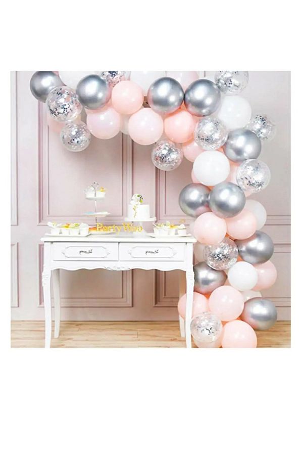 Pembe Beyaz Gümüş Krom Konfetili Balon Zincir Seti 5 Metre Parti Dolabı