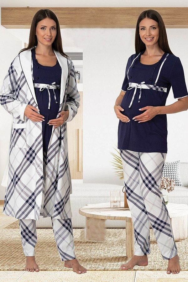 Effortt Ekose Sabahlıklı Lohusa 3'lü Pijama Takım