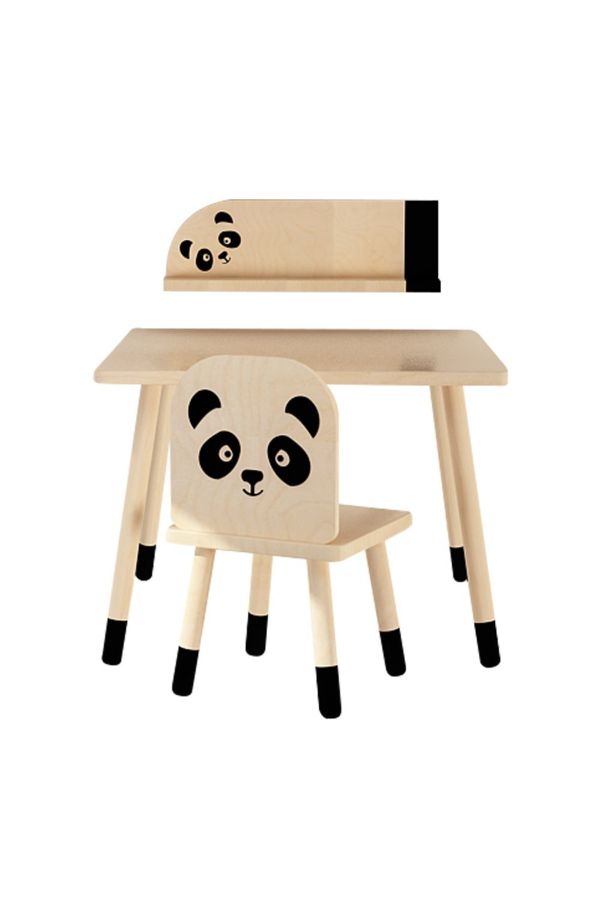 Doğal Kayın Ağacı Çocuk Aktivite Masa Sandalye Ve Raf Takımı - Panda - Sade Ahşap_1