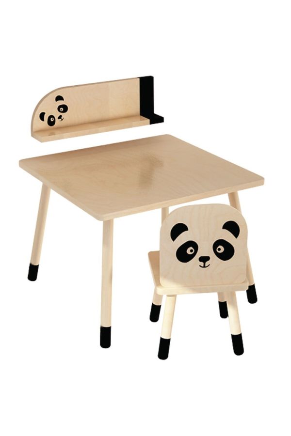 Doğal Kayın Ağacı Çocuk Aktivite Masa Sandalye Ve Raf Takımı - Panda - Sade Ahşap_2