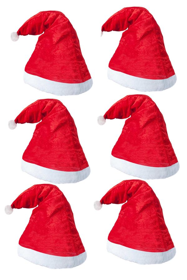 6 Adet Kırmızı Polar Noel Baba - Noel Anne Şapkası Beyaz Ponponlu Yetişkin Yılbaşı Şapka Christmas