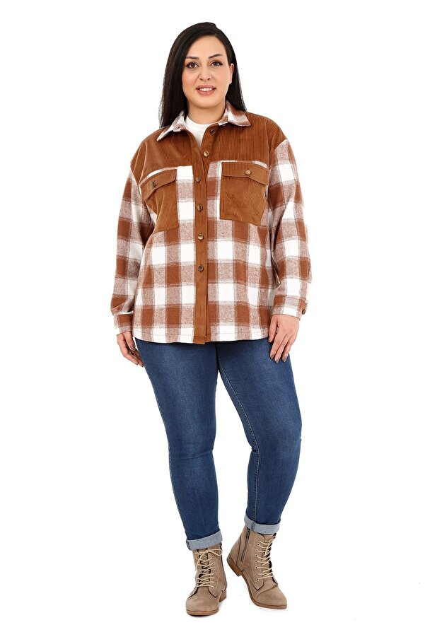 Velvet Fabric Contrast-panel Chest with Pockets Lumberjack Shirt — Brown