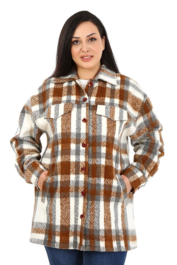 With Pockets Cuffed Long Winter Shirt Jacket — Brown