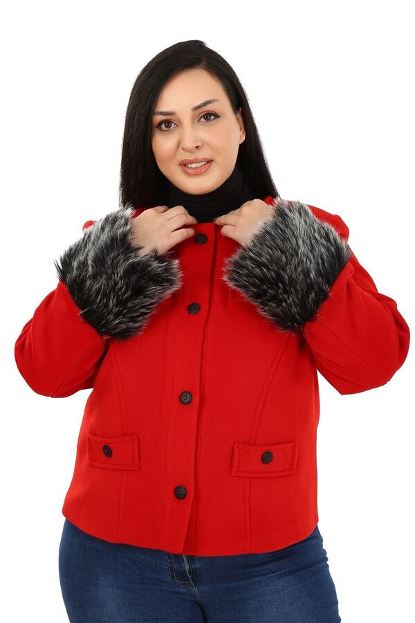 Sleeve Faux-fur Mock with Pockets Lined Short Jacket — Red