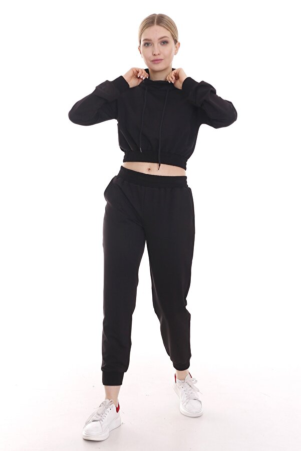 Hooded Long Sleeve Turtleneck Waist Elasticated Front with Pockets Cropped Tracksuit — Black
