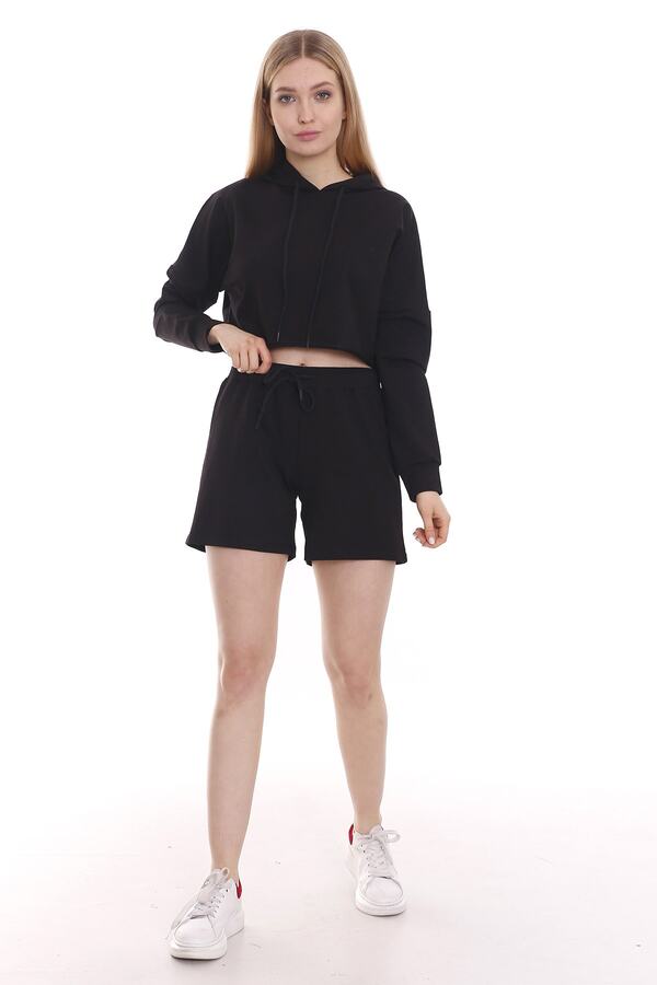 Hooded Cropped Side with Pockets Shorts Set — Black