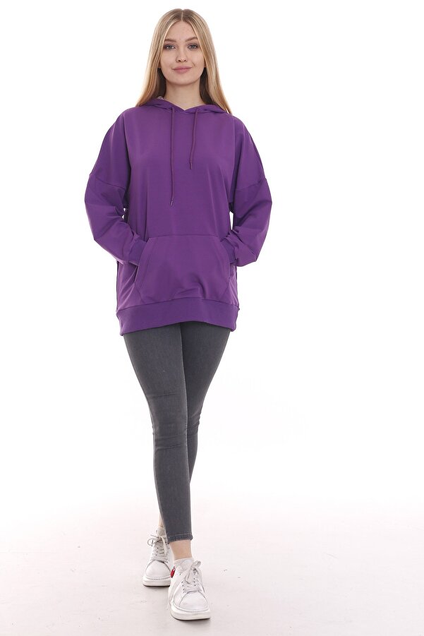 Kapüşonu Floral Long Sleeve Kangaroo-pocket with Pockets Oversized Coloured Sweatshirt — Purple