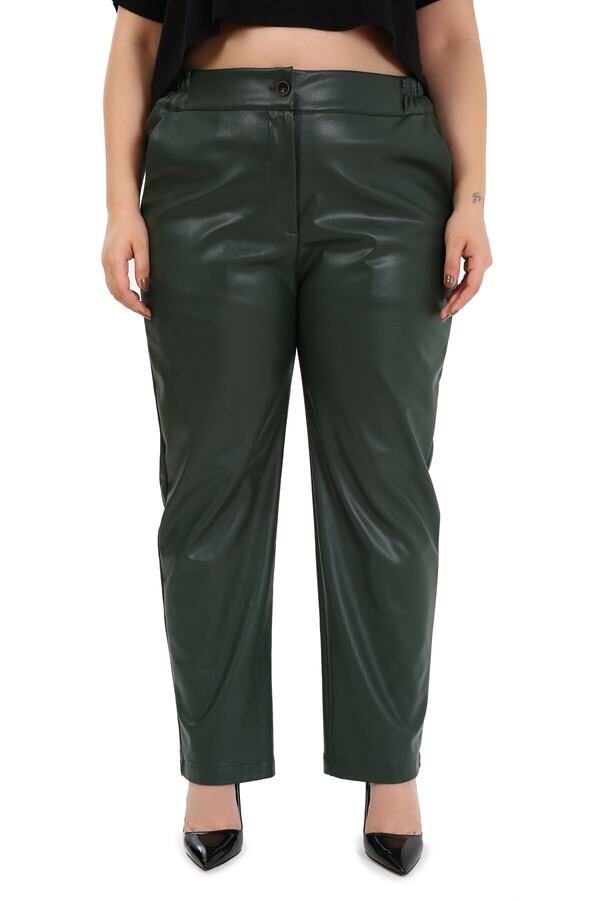 Waist Side Elasticated with Pockets Leather-look Trousers &mdash; Khaki