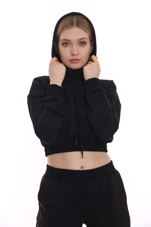 Hooded Long Sleeve Turtleneck Cropped Sweatshirt — Black