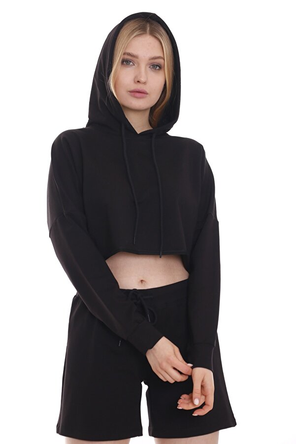 Hooded Drawstring Detail Cropped Sweatshirt — Black