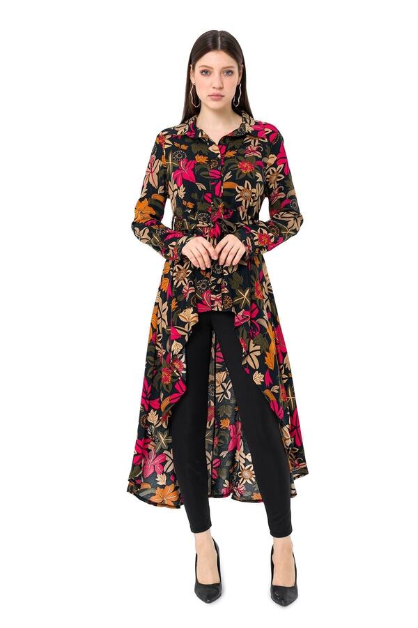 High-low Belted Over Floral Tunic Shirt — Fuchsia