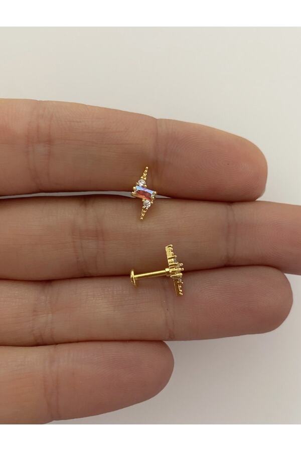 Cerrahi Çelik Arkası Düz Labret Şimşek Figür Tragus Helix Lobe Conch Uyumlu Piercing Küpe