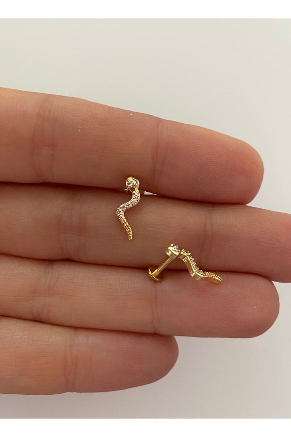 Cerrahi Çelik Arkası Düz Labret Zirkon Taşlı Yılan Tragus Helix Lobe Conch Uyumlu Piercing Küpe ARES COLLECTION