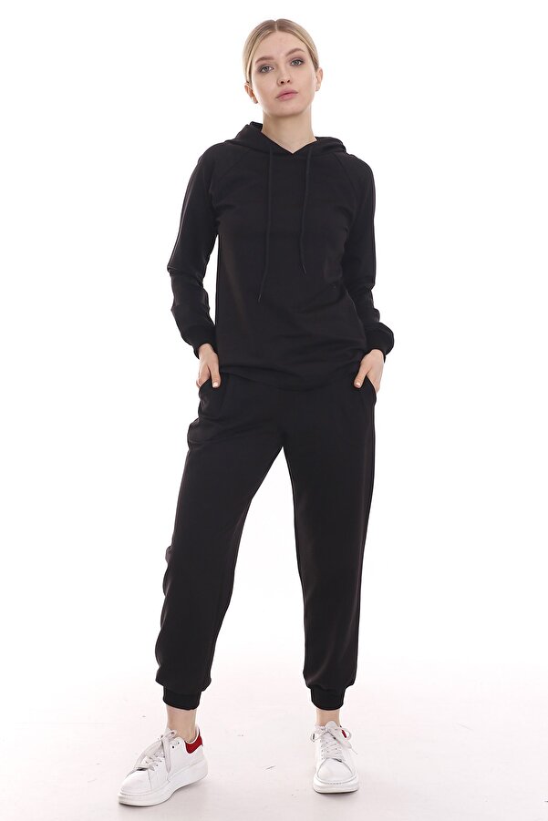 Hooded Long Sleeve Front with Pockets Tracksuit — Black