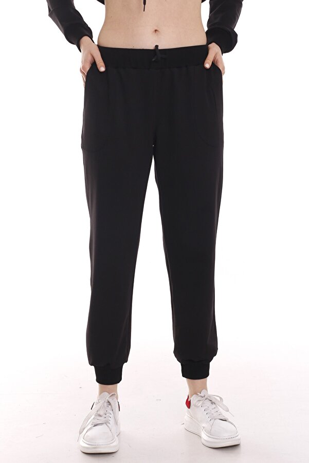 Elastic-waist & Drawstring Detail Front with Pockets Joggers — Black