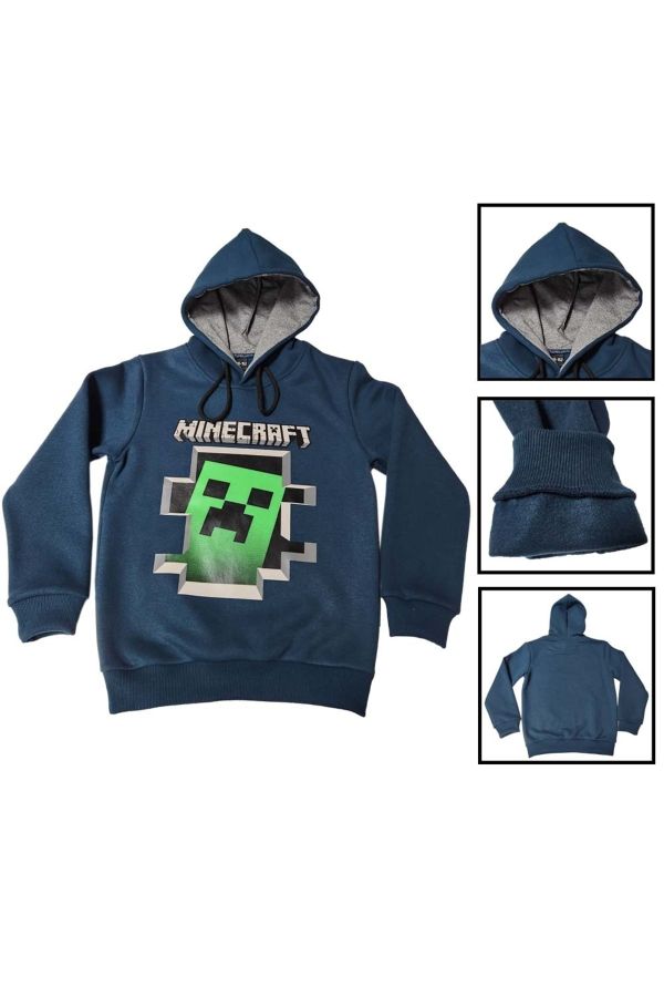 Minecraft Creeper Desenli Kapüşonlu Unisex Çocuk Hoodie