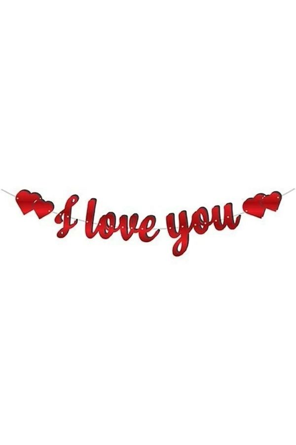 I Love You Banner Yazı Metalik Kırmızı