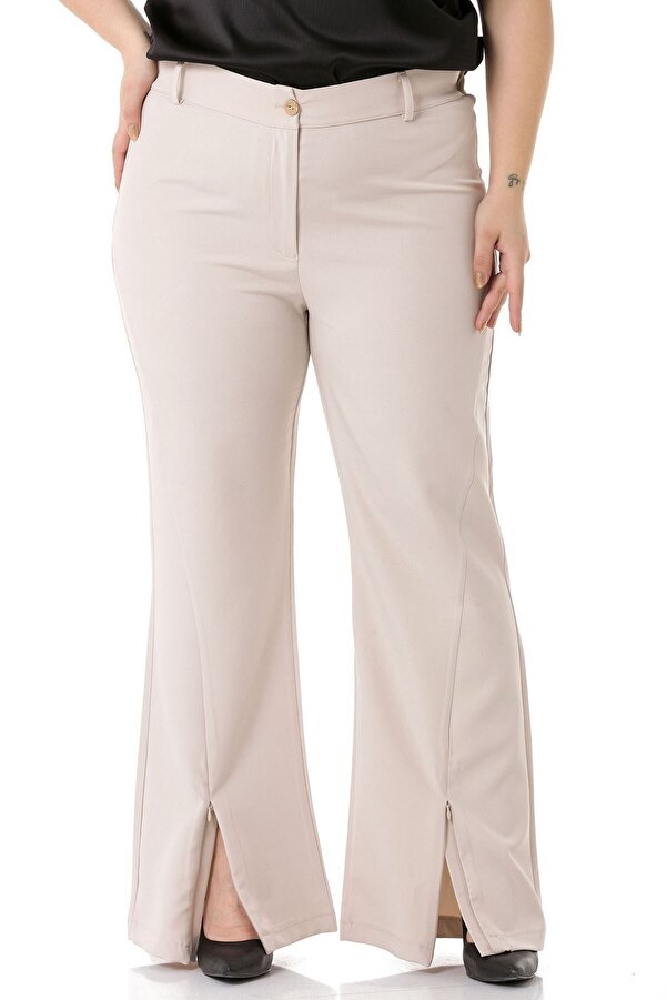 Hem Zipped Waist Back Elasticated Trousers — Beige