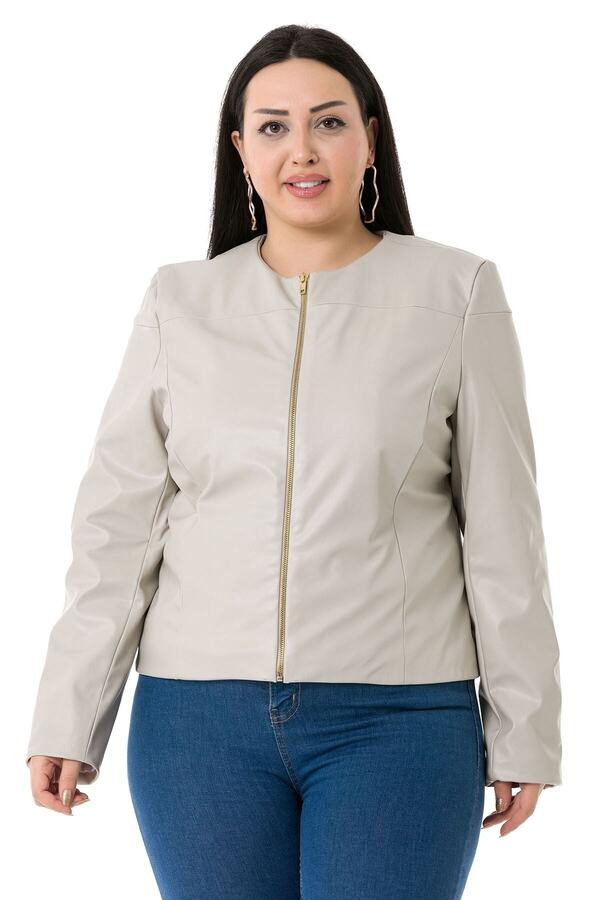 Zip-detail Lined Short Leather-look Coat — Grey