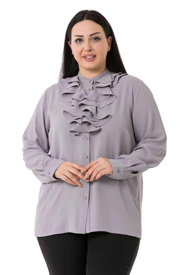 Collar Two-tier Ruffled Buttoned Long Sleeve Shirt — Grey