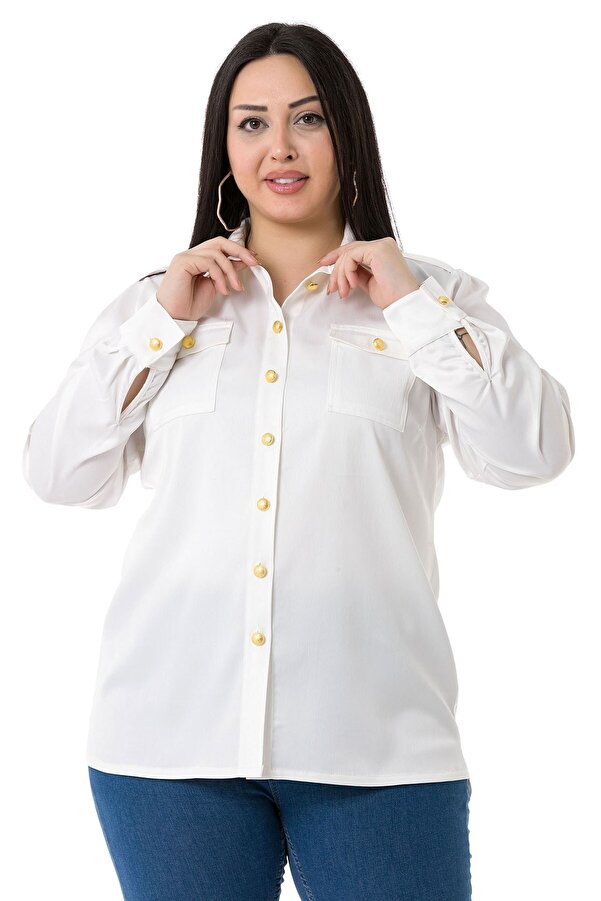 Gold Button-detail Satin Shirt — White