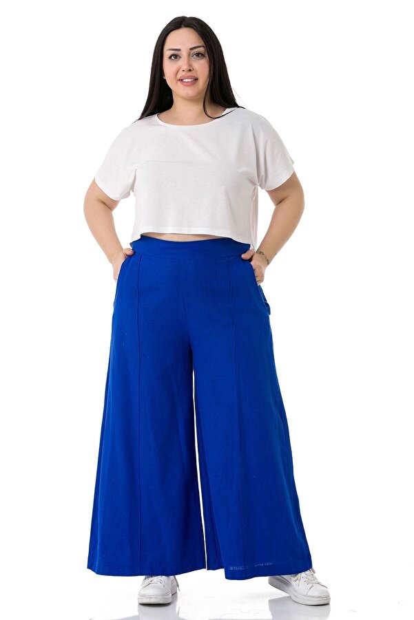 Pintuck Stitched with Pockets Zipped Wide-leg Linen Indigo Trousers &mdash; Indigo