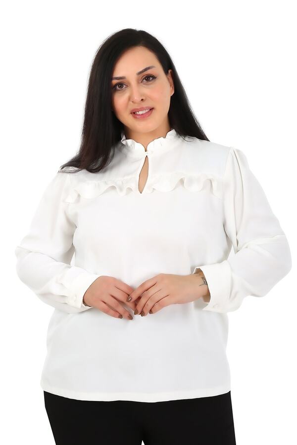 Neck & Chest Frilled Side-slit Blouse — White