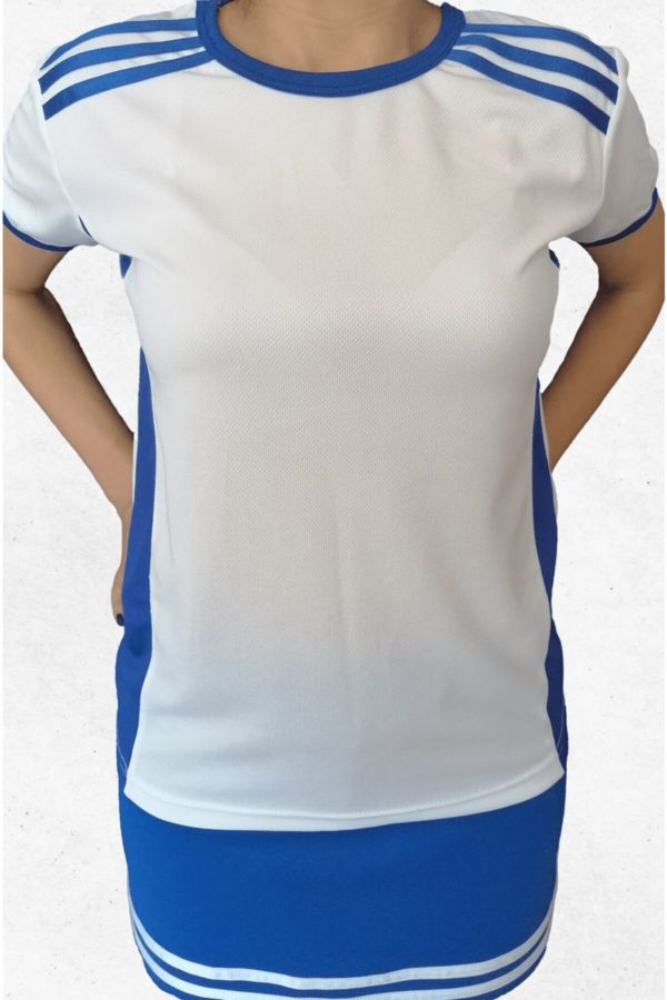 Kadın Saks Mavi Şerit Detaylı Büyük Beden Spor Tişört