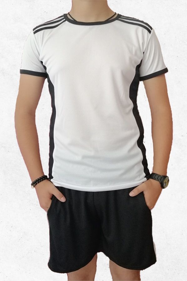 Siyah Omzu Şerit Detaylı Büyük Beden Beyaz Spor Tişört