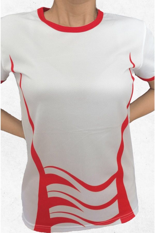 Kadın Kırmızı Dalga Baskılı Büyük Beden Spor T-Shirt