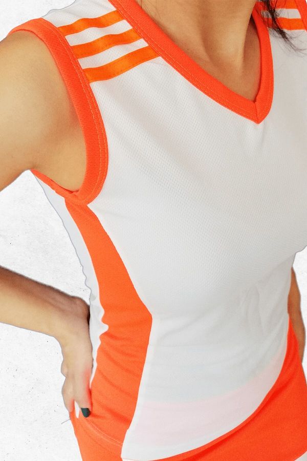 Kadın Turuncu Şerit Modelli Sıfır Kol V Yaka  Spor T-Shirt