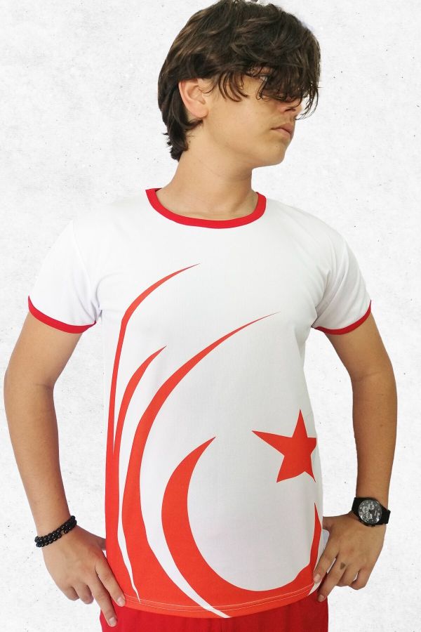 Erkek Beyaz Ay Yıldız Desenli Spor  T-Shirt