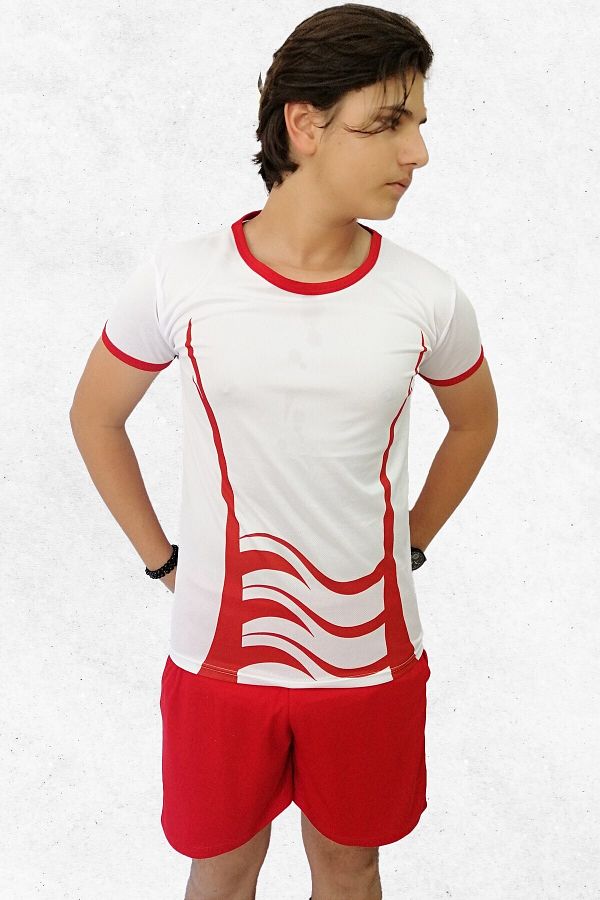 Çocuk Kırmızı Dalga Baskılı Spor T-shirt