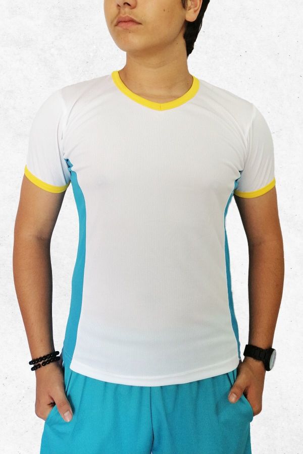 Erkek Turkuaz Sarı Modelli V Yaka Spor Tişört