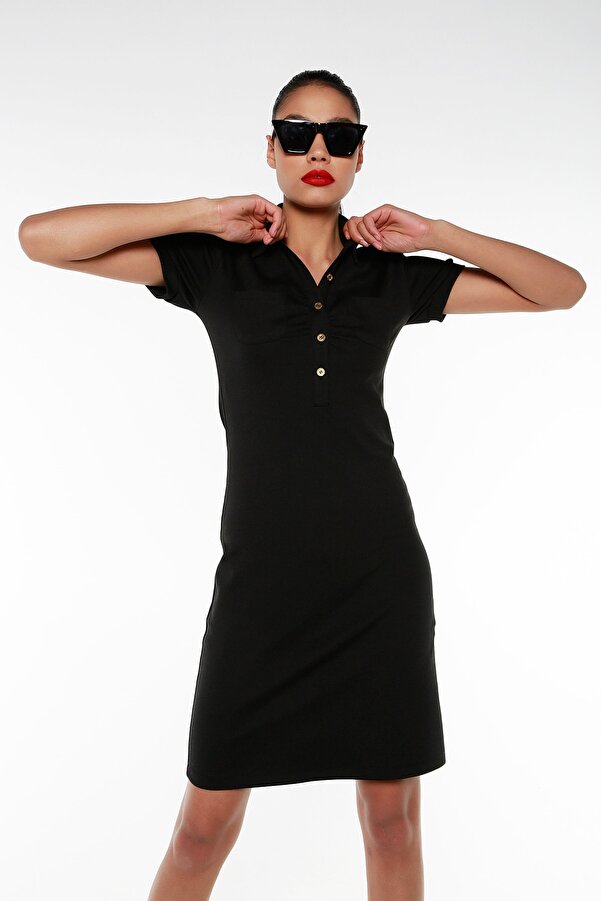 Shirt Collar Half Sleeve Chest with Pockets Stretch Dress — Black