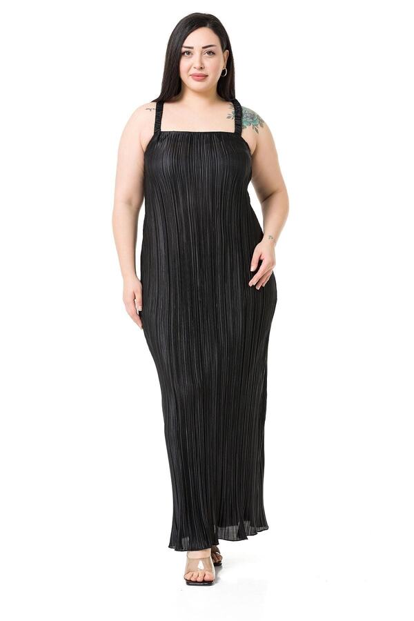 Sleeves & Back Elasticated Kraşlı Satin Long Dress — Black