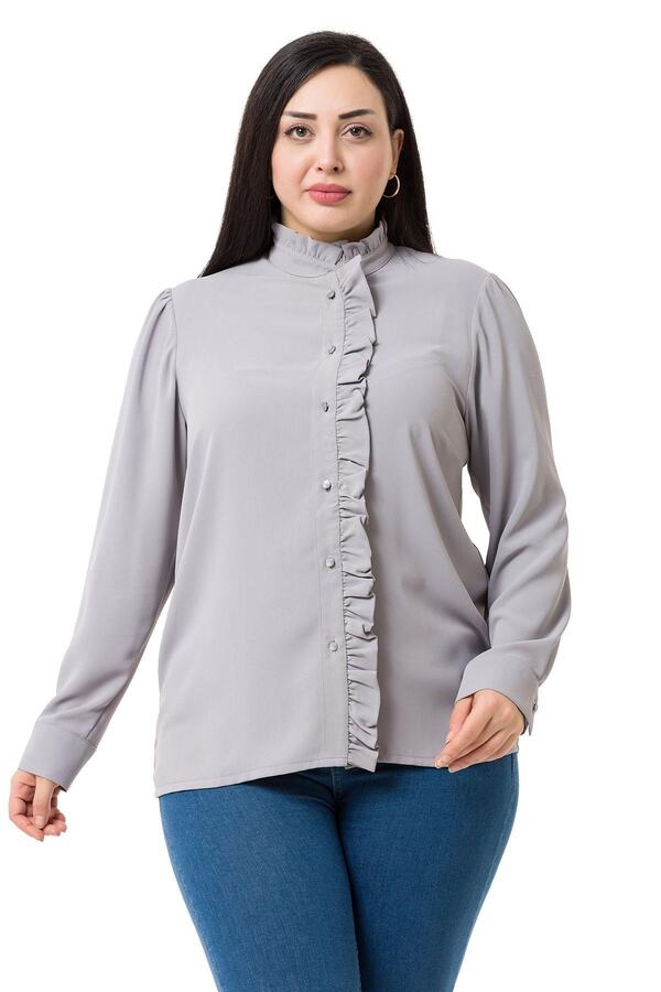 Mandarin Collar Ön Patı & Collar Frilled Shirt — Grey