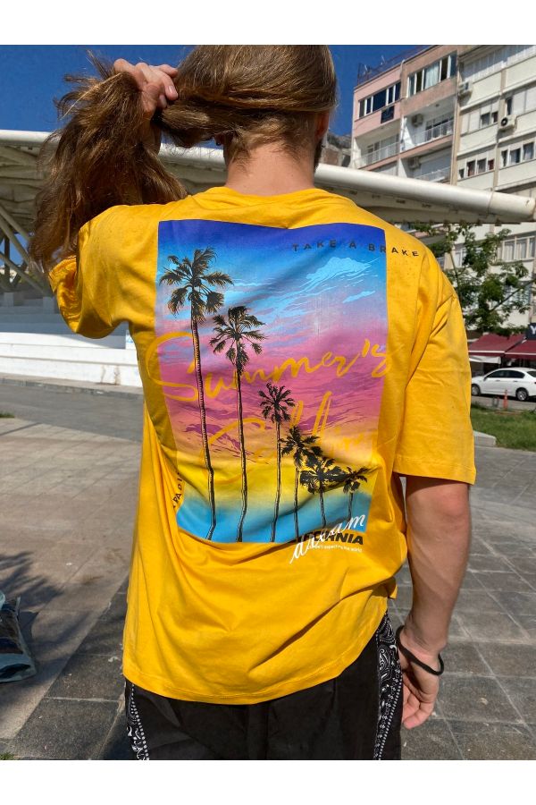 Sarı Palm California Baskılı Oversize Erkek Kadın Tişört