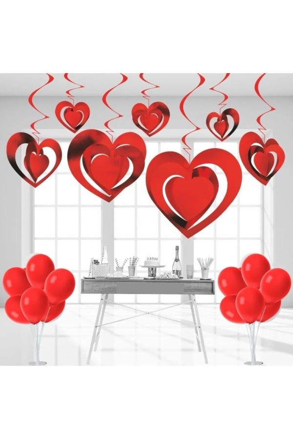 Kırmızı Kalp Tavan Sarkıt Metalize Parlak Kalp Tavan Süslemesi 12 Adet Kalpli Parlak Sarkıt